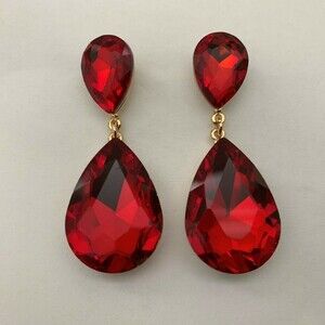 Women's Dangling Post Earrings Red Crystal Gold-Tone